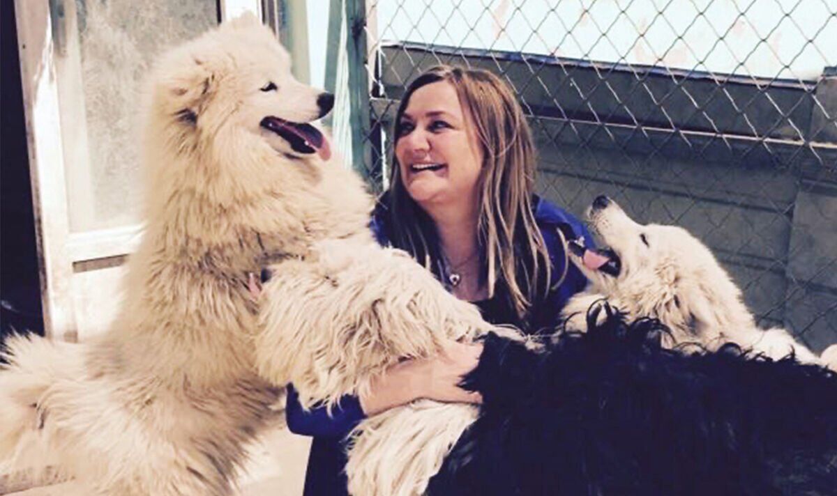 Julia de Cadenet and some of the dogs she has rescued.